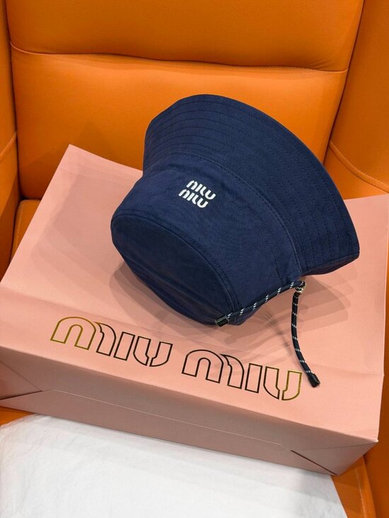 Miu Miu Navy Blue Logo Embroidered Bucket Hat with Drawstring main image 5